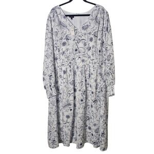 Talbots Plus Dress 22W Blue White Floral Paisley V-Neck Smocked Cuff‎ Midi NWT